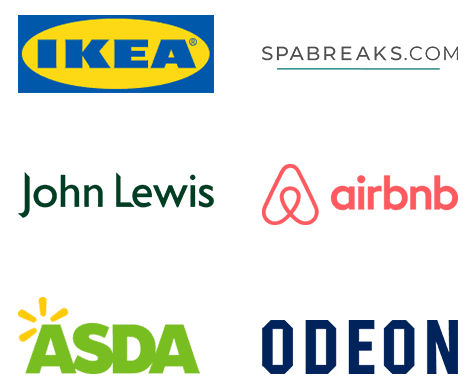 Collage of company logos: IKEA, Spabreaks.com, John Lewis, Airbnb, an unlabeled green-yellow logo, and ODEON.