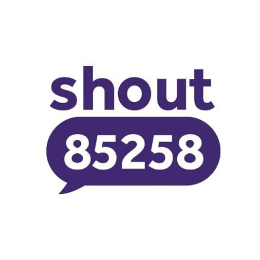 Logo with the word "shout" above a speech bubble containing the number "85258" in purple text on a white background.