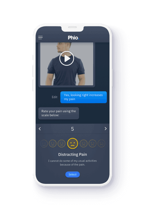 Smartphone with a preview of Phio's digital muscle and joint pain assessment tool