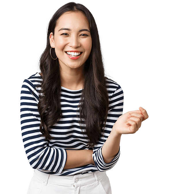 Lady laughing wearing striped top